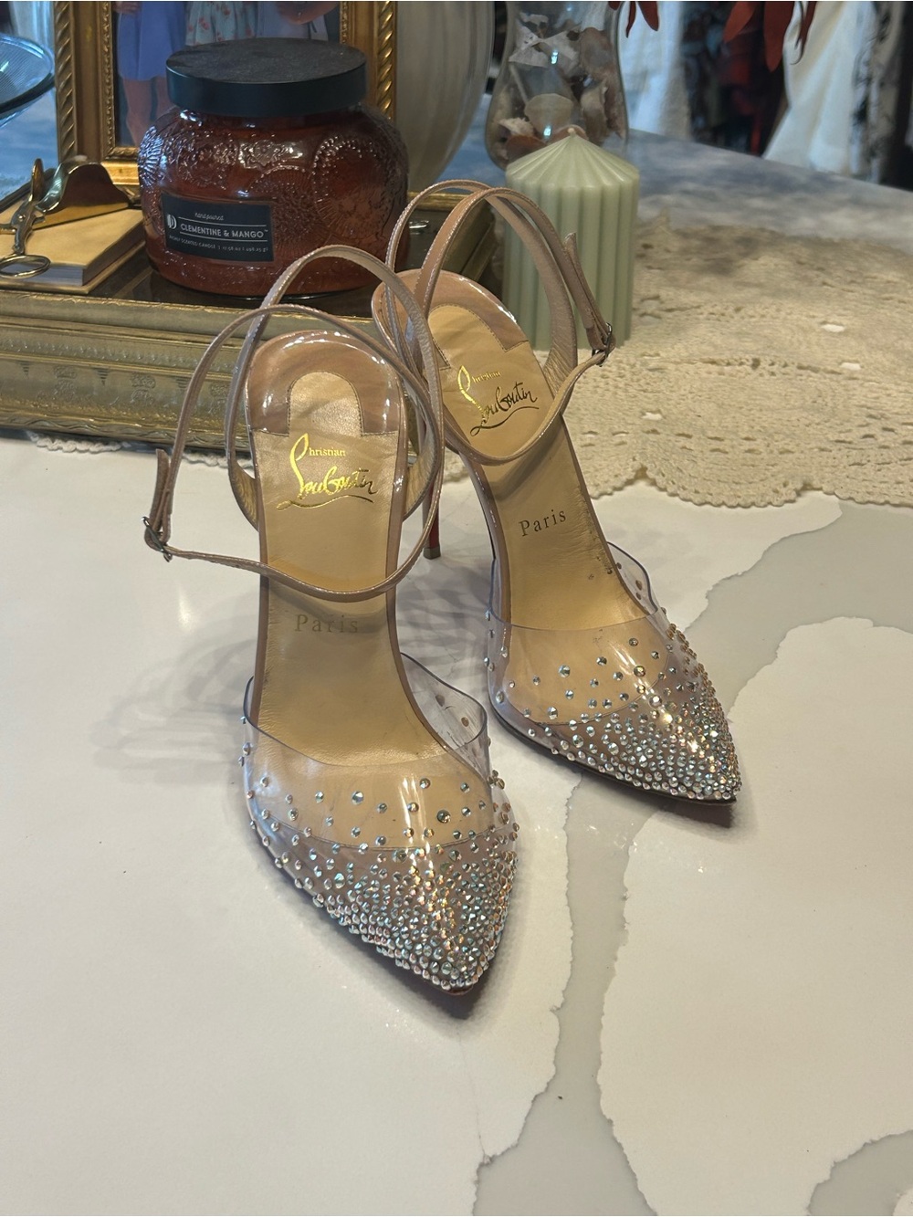 Christian Louboutin Nude Crystal-Embellished Pointed Toe Pumps